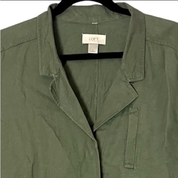 Linen Jacket Womens Large Olive Army Green Lagenlook Utility Blazer Fall Loft - Picture 2 of 9